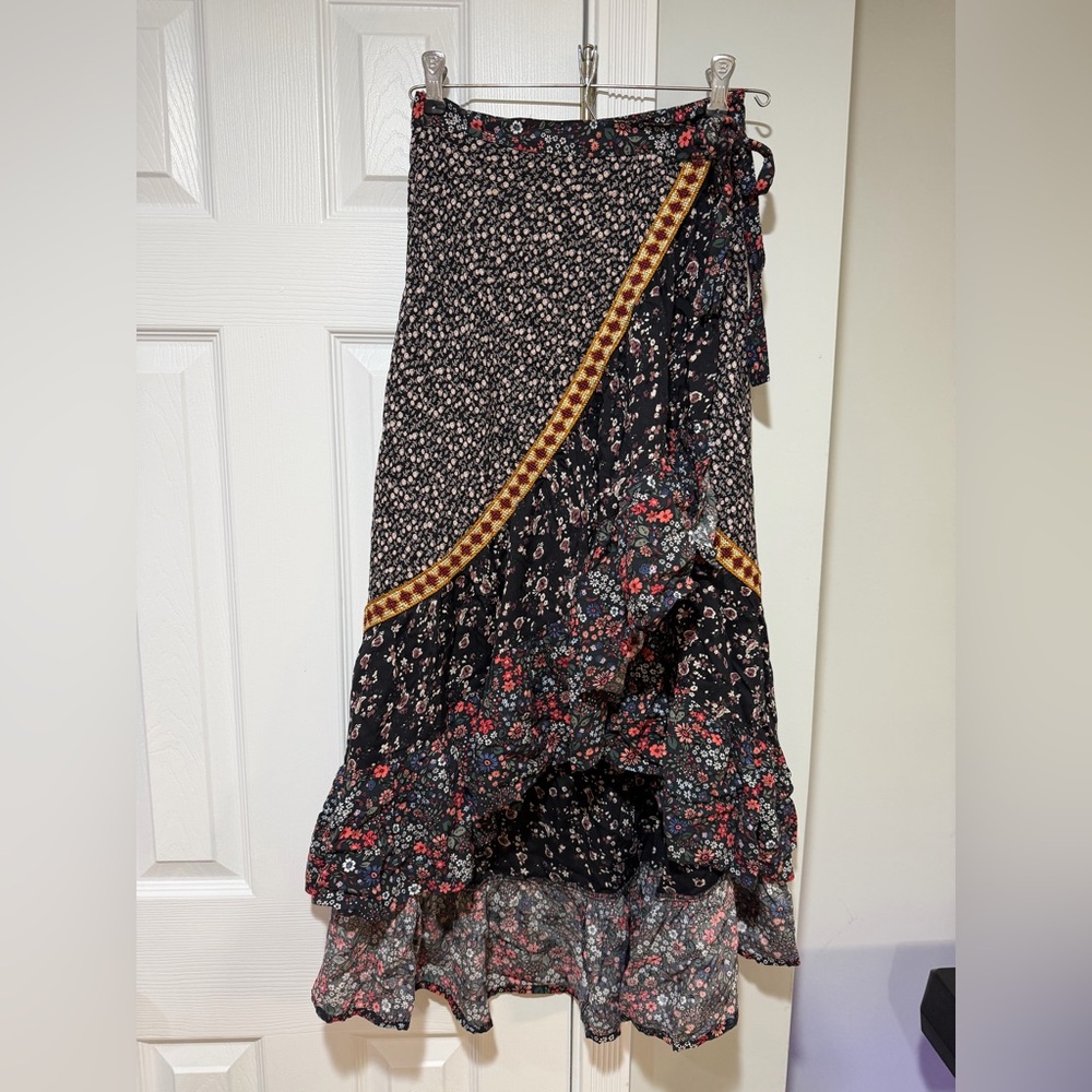 Free People Asymmetrical Floral Skirt - Black and Red